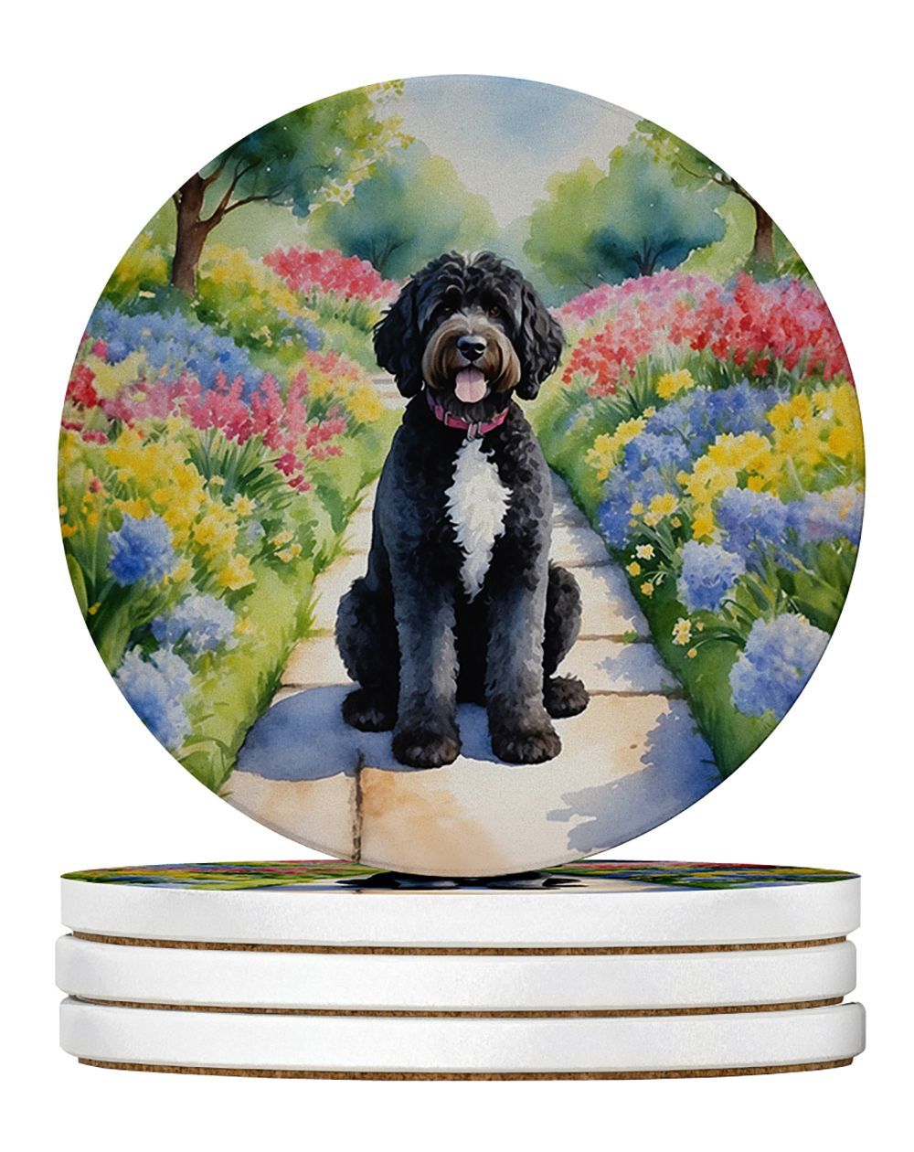 Portuguese Water Dog Spring Path Large Sandstone Coasters Pack Of 4 Absorbent Round Coasters Decor Gifts For Men Or Women, 4 In, Multicolor_maomaolike.com