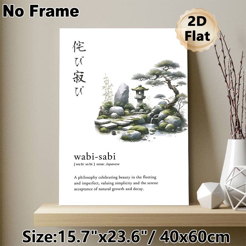 Wabi-Sabi Japanese Zen Garden Painting Poster, Soft Watercolor Calm Zen Scene Poster, Conveys Tranquil Minimalist Philosophy, Ideal For Home, Office_maomaolike.com