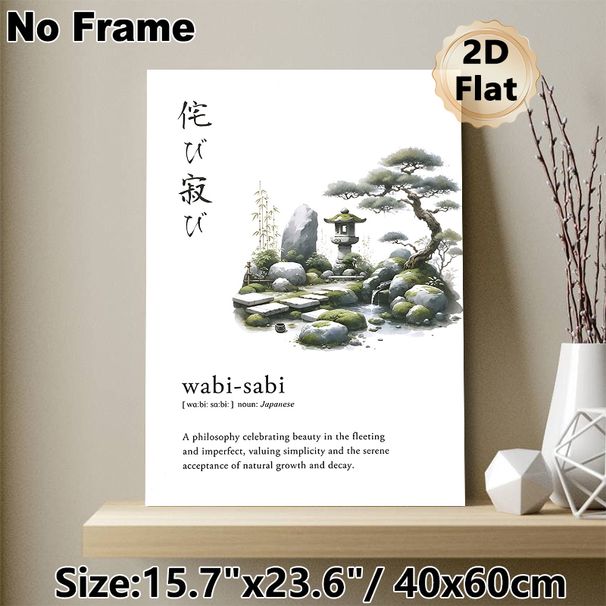Wabi-Sabi Japanese Zen Garden Painting Poster, Soft Watercolor Calm Zen Scene Poster, Conveys Tranquil Minimalist Philosophy, Ideal For Home, Office_maomaolike.com