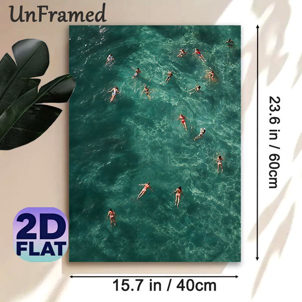 Aerial Swimming Scene Painting Poster, Vibrant Artistic Overhead View Of People Swimming In Turquoise Waters Poster, Captures Lively Summer Leisure_maomaolike.com