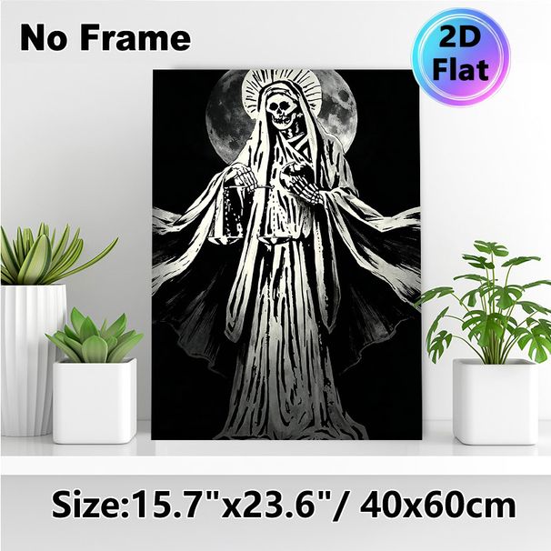 Grim Reaper Themed Painting Poster, Monochrome Dramatic Ink-wash Poster, Mysterious Robed Skull Figure With Scales And Full Moon Backdrop, Atmospheric_maomaolike.com
