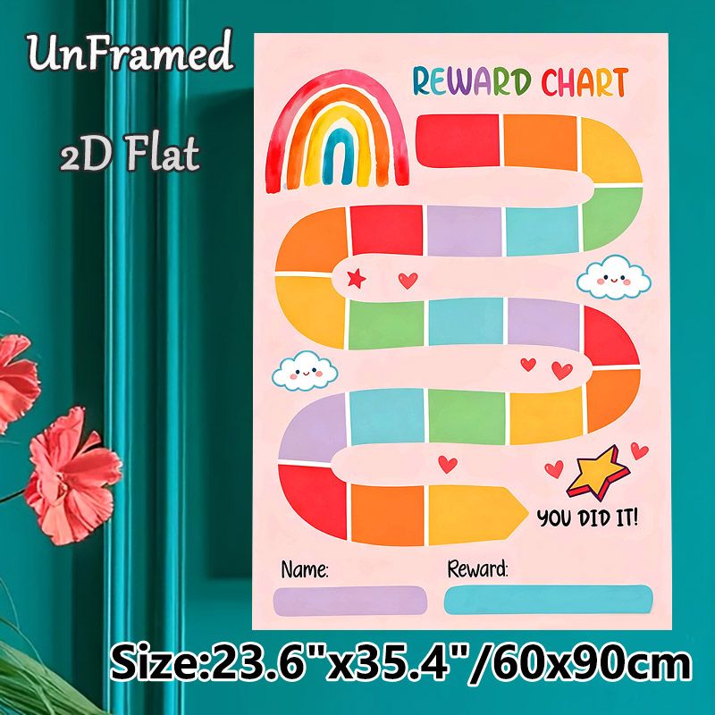 Rainbow-themed Reward Chart Painting Poster, Watercolor-style Colorful Rainbow With Cute Cloud & Heart Elements Poster, Practical Tool To Track_maomaolike.com