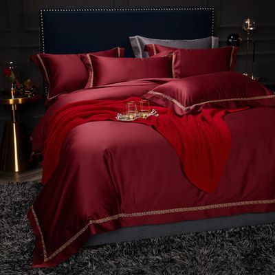 Elegant And Luxurious 100S Satin Long-Staple Cotton Four-Piece Set In Burgundy For Wedding Celebration Bedding 1.8m_maomaolike.com