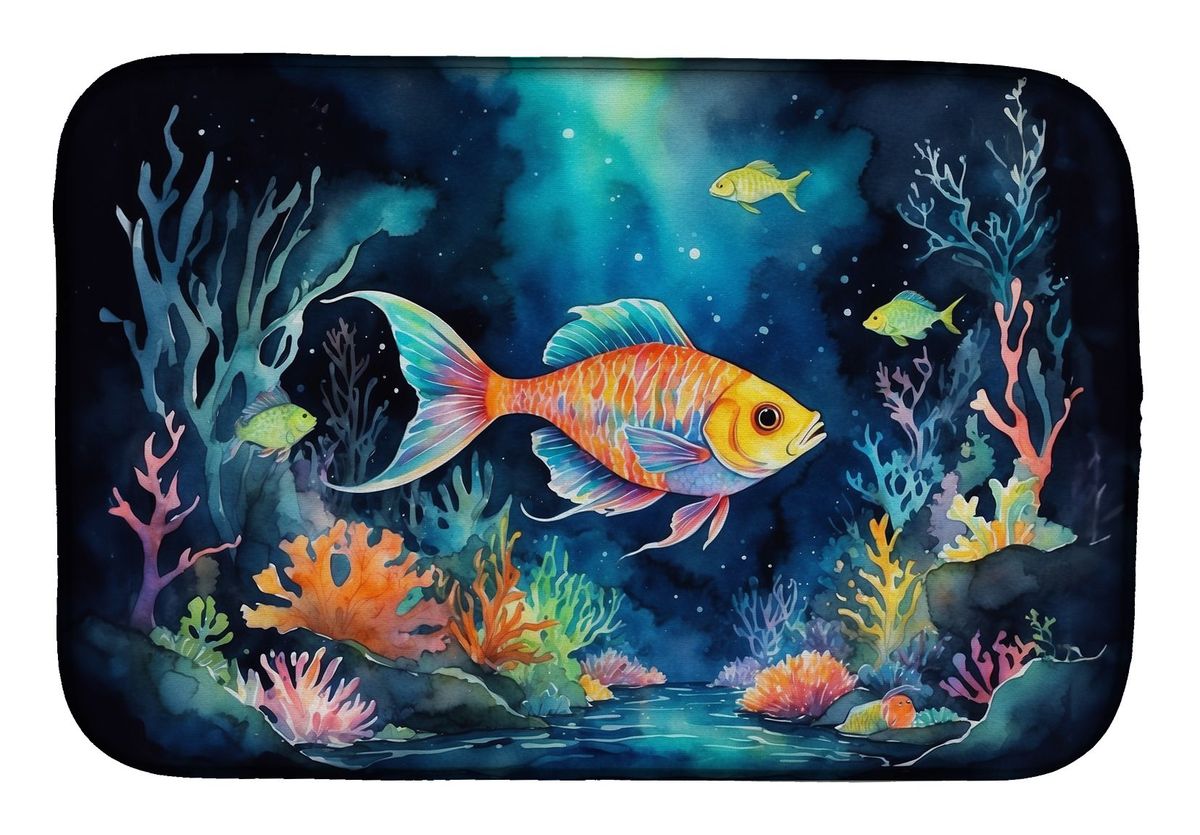 Bioluminescent Fish Dish Drying Mat Absorbent Dish Drying Mat Pad For Kitchen Counter Dish Drainer Mat For Countertop, 14 X 21", Multicolor_maomaolike.com