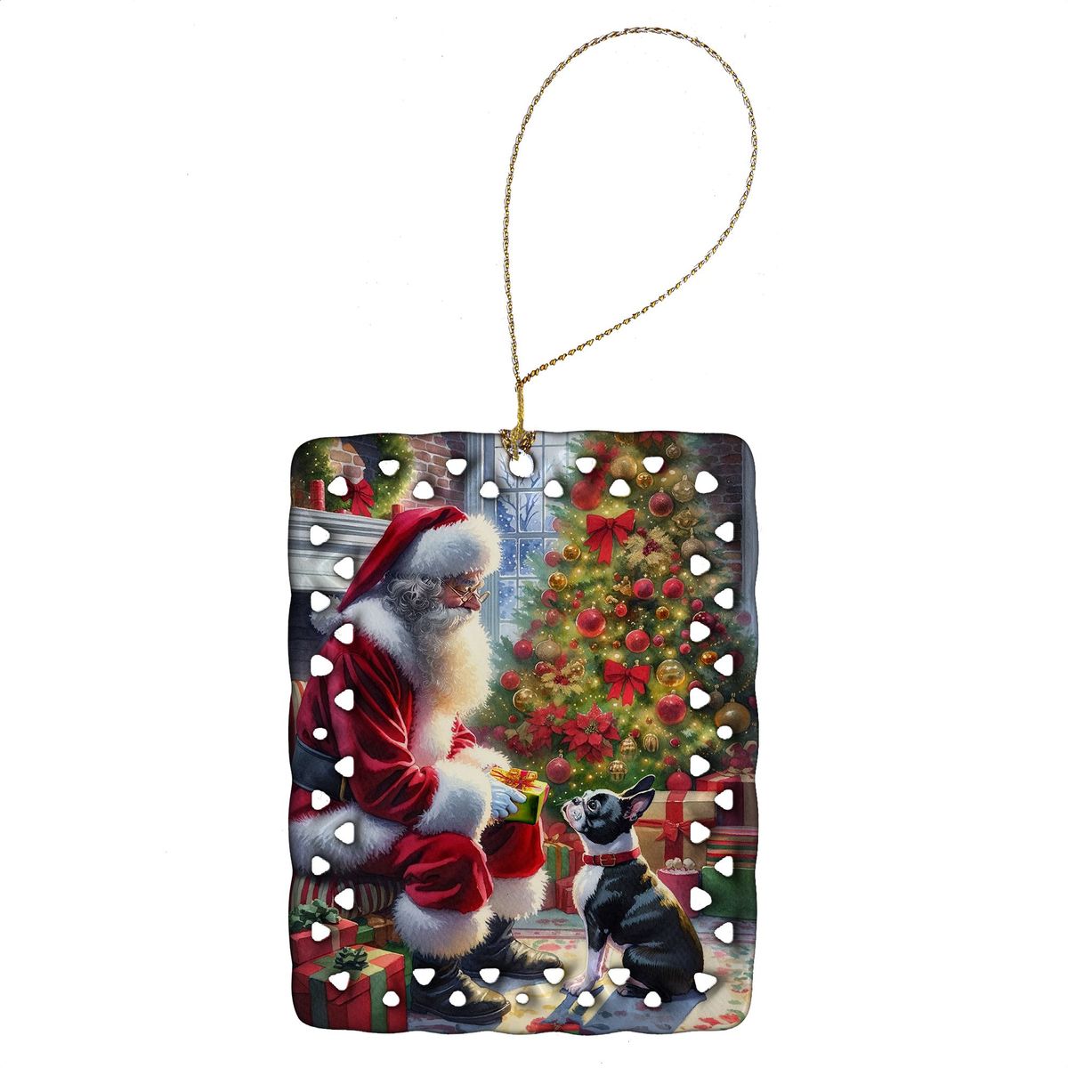 Boston Terrier And Santa Claus Porcelain Ornament Christmas Tree Hanging Decorations For Home Christmas Holiday, Rectangle, Gift, Multicolor_maomaolike.com