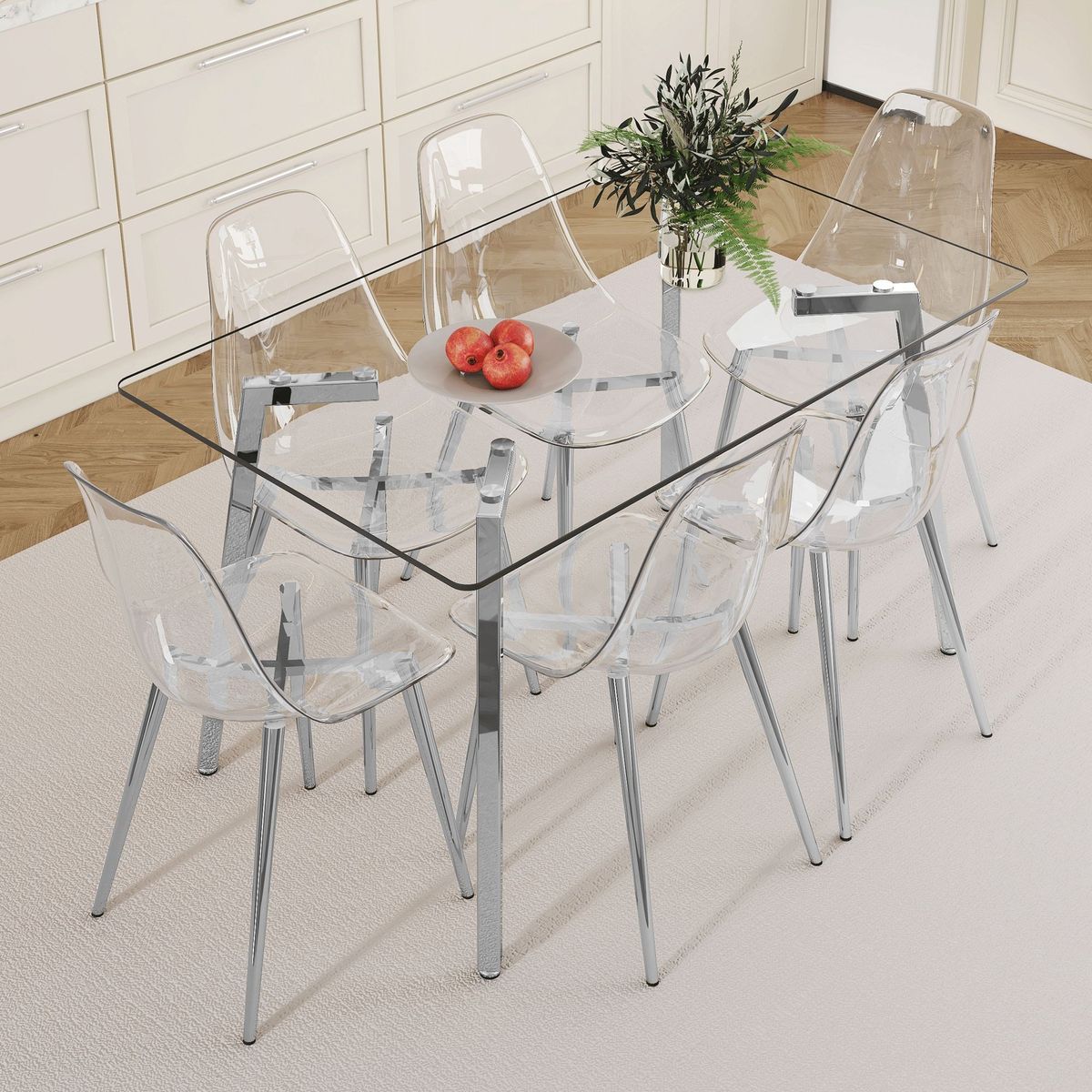 Table And Chair Set.51 * 31.5 Inch Silver Leg Glass Dining Table With 6 Transparent Dining Chairs: A Stylish Combination That Showcases Elegant Style._maomaolike.com