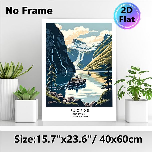 Norway Fjords Painting Poster, Vibrant Retro-style Scenic Fjord View Poster, Captivating Design With Cruise Ships, Waterfalls & Snow-capped Peaks_maomaolike.com