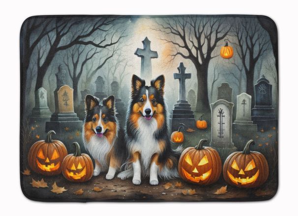 Sheltie Spooky Halloween Memory Foam Kitchen Mat Machine Washable Anti-Fatigue Mat Cushion Comfort Bath Mat Or Kitchen Rug_maomaolike.com