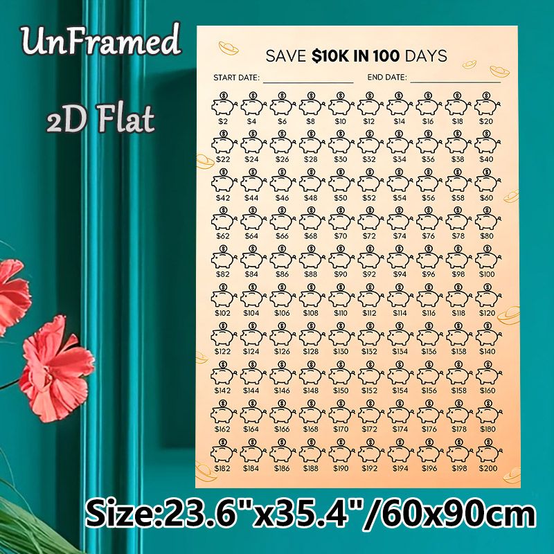 $10K 100-Day Savings Challenge Painting Poster, Minimalist Line-art Piggy Bank Poster, Structured Savings Tracking Tool, Ideal For Home Or Office_maomaolike.com