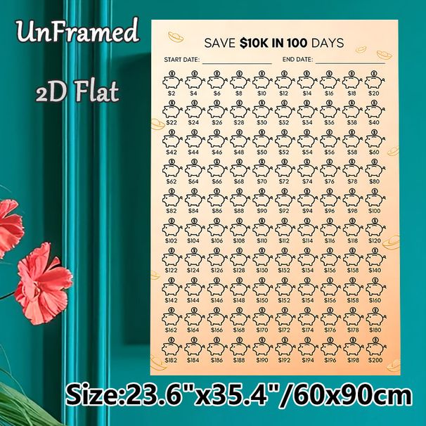 $10K 100-Day Savings Challenge Painting Poster, Minimalist Line-art Piggy Bank Poster, Structured Savings Tracking Tool, Ideal For Home Or Office_maomaolike.com