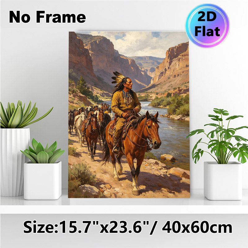 Native American Horseman & Horse Herd Painting Poster, Vintage Western Realistic Oil Painting Poster, Captivating Canyon Riverside Historical Scene_maomaolike.com