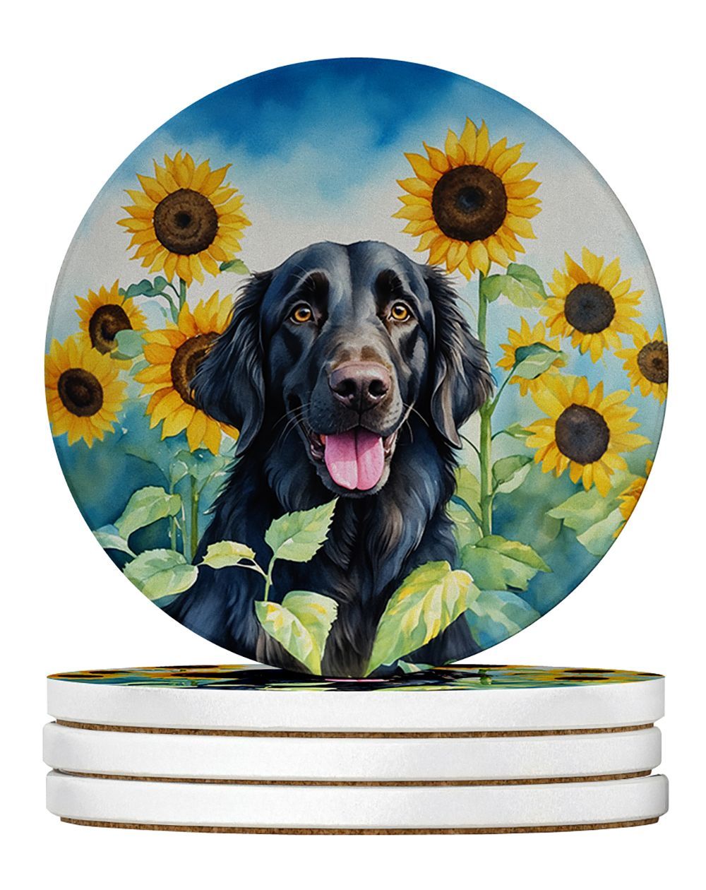 Flat-Coated Retriever In Sunflowers Large Sandstone Coasters Pack Of 4 Absorbent Round Coasters Decor Gifts For Men Or Women, 4 In, Multicolor_maomaolike.com
