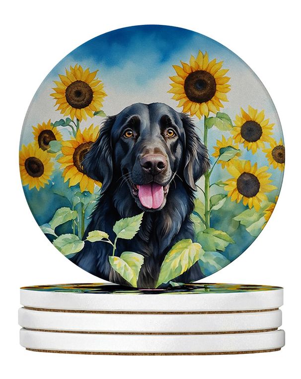 Flat-Coated Retriever In Sunflowers Large Sandstone Coasters Pack Of 4 Absorbent Round Coasters Decor Gifts For Men Or Women, 4 In, Multicolor_maomaolike.com
