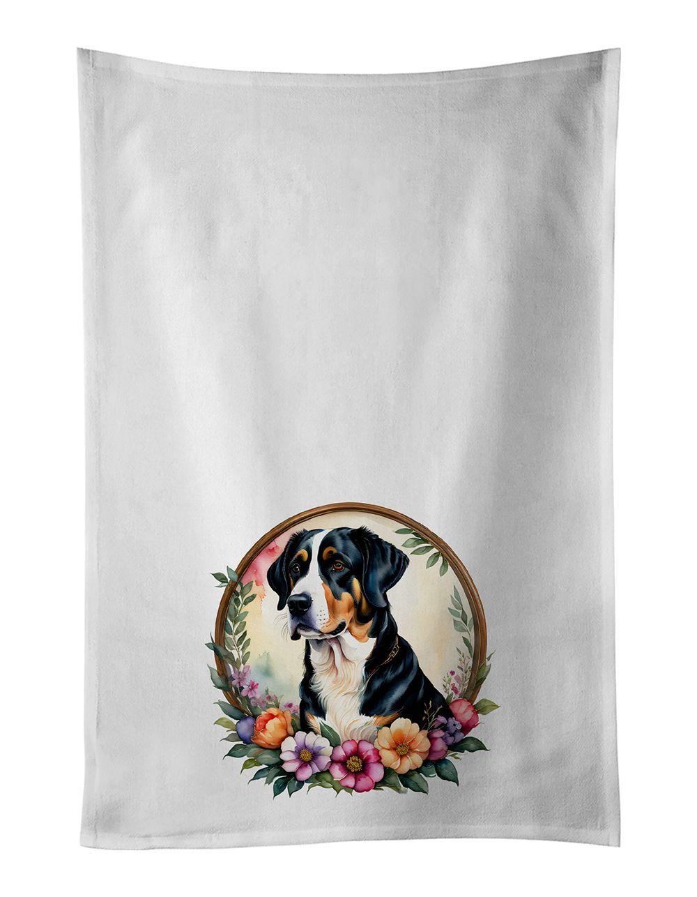Greater Swiss Mountain Dog And Flowers Kitchen Towel Set Of 2 White Dish Towels Decorative Bathroom Hand Towel For Hand, Face, Hair, Yoga, Tea, Dishcloth, 19 X 28", White_maomaolike.com