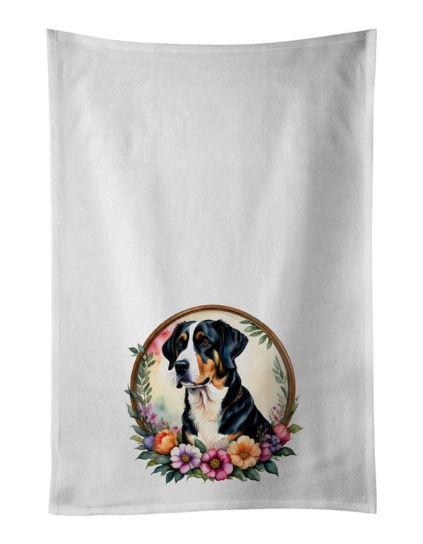 Greater Swiss Mountain Dog And Flowers Kitchen Towel Set Of 2 White Dish Towels Decorative Bathroom Hand Towel For Hand, Face, Hair, Yoga, Tea, Dishcloth, 19 X 28", White_maomaolike.com