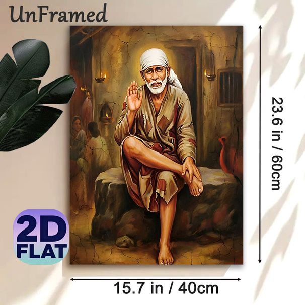 Sai Baba Themed Spiritual Painting Poster, Warm-toned Realistic Traditional Scene Poster, Serene Spiritual Artwork, Ideal For Home Prayer Space And_maomaolike.com