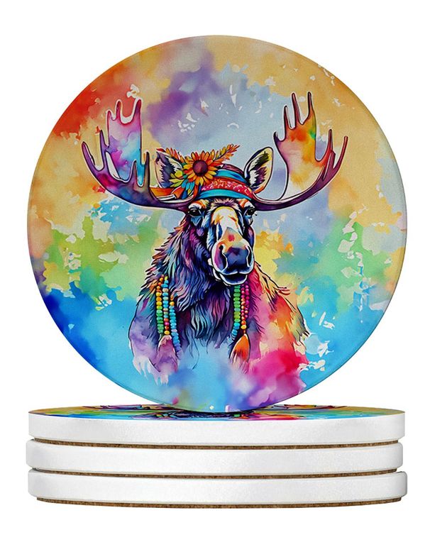 Hippie Animal Moose Large Sandstone Coasters Pack Of 4 Absorbent Round Coasters Decor Gifts For Men Or Women, 4 In, Multicolor_maomaolike.com