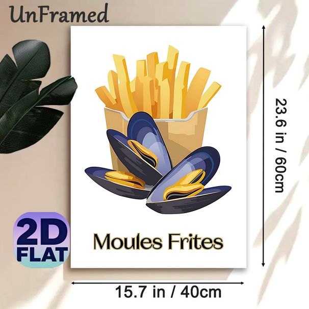 Moules Frites Painting Poster, Vibrant Cartoon-style Mussels & Crispy Fries Poster, Eye-catching Food Artwork Ideal For Kitchen, Dining Room And_maomaolike.com