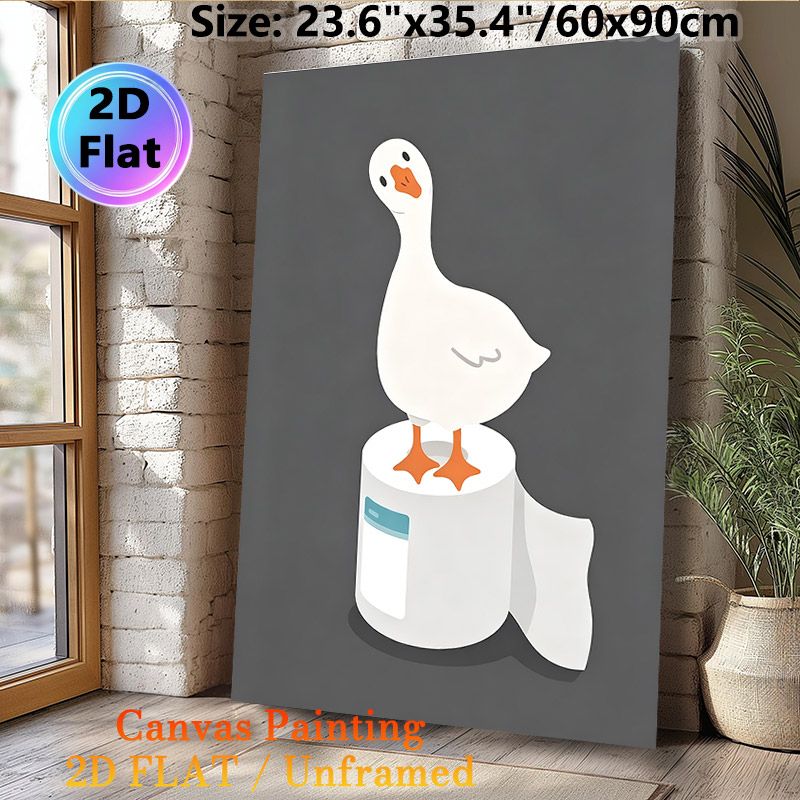 Goose On Toilet Paper Painting Poster, Cute Minimalist Whimsical White Goose Standing On Toilet Roll Poster, Adds Playful Quirky Touch, Ideal For_maomaolike.com