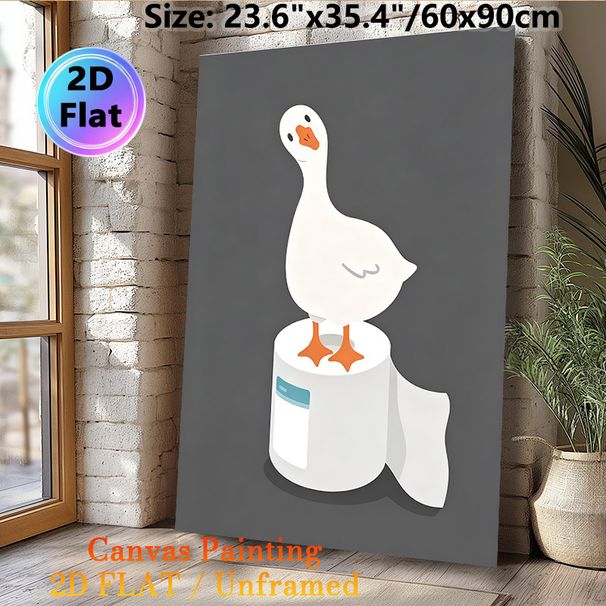 Goose On Toilet Paper Painting Poster, Cute Minimalist Whimsical White Goose Standing On Toilet Roll Poster, Adds Playful Quirky Touch, Ideal For_maomaolike.com