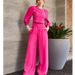 Women's clothing new fashion short long-sleeved tops high-waisted wide-leg pants two-piece set_maomaolike.com