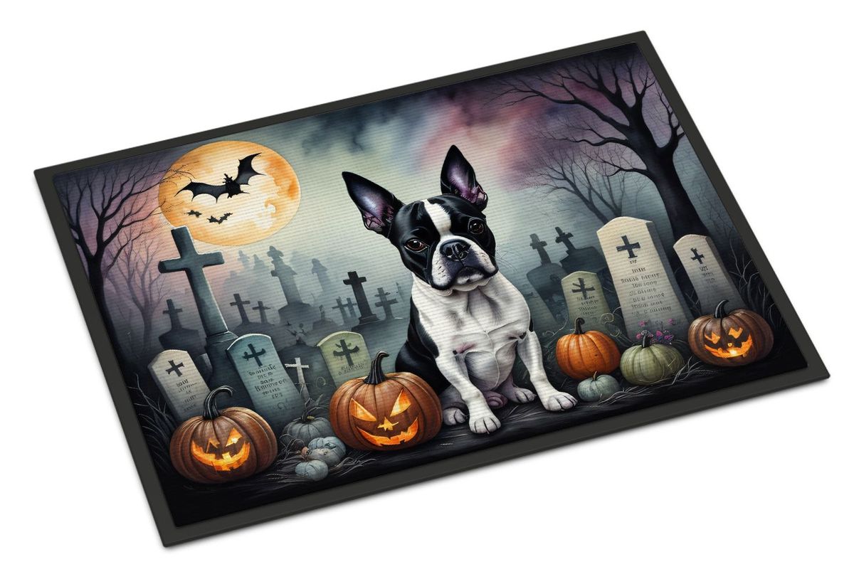 Boston Terrier Spooky Halloween Doormat Front Door Mat Indoor Outdoor Rugs For Entryway, Non Slip Washable Low Pile, 24H X 36W_maomaolike.com