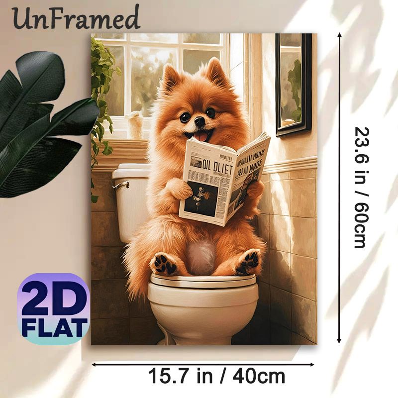 Pomeranian Dog Painting Poster, Warm-toned Whimsical Pet Scene Poster, Funny Lighthearted Design Ideal For Bathroom Wall Decor_maomaolike.com