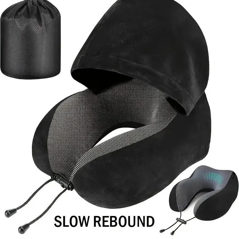Hooded Memory Foam Travel Pillow, Soft Milk Velvet U-Shaped Neck Support Cushion With Storage Bag For Airplane Car Trip_maomaolike.com