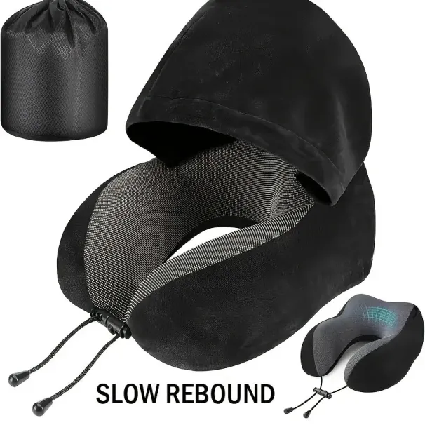 Hooded Memory Foam Travel Pillow, Soft Milk Velvet U-Shaped Neck Support Cushion With Storage Bag For Airplane Car Trip_maomaolike.com
