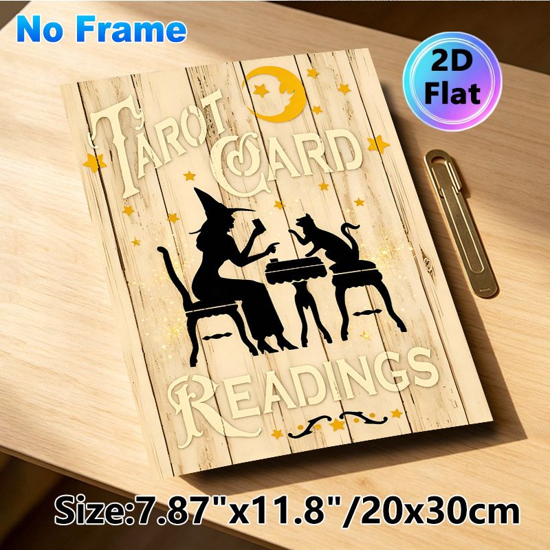 Tarot Card Readings Painting Poster, Vintage Witchy Silhouette Poster, Mystical Rustic Design With Witch, Black Cat, Moon And Stars, Ideal For Home_maomaolike.com