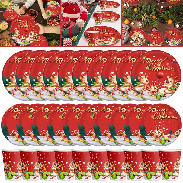30Pcs Christmas Party Tableware Set 7 And 9 Inch Elk Claus Paper Plates 3.5 Inch Paper Cup Cute Xmas Disposable Cups For Xmas Holiday Dinner Supplies_maomaolike.com