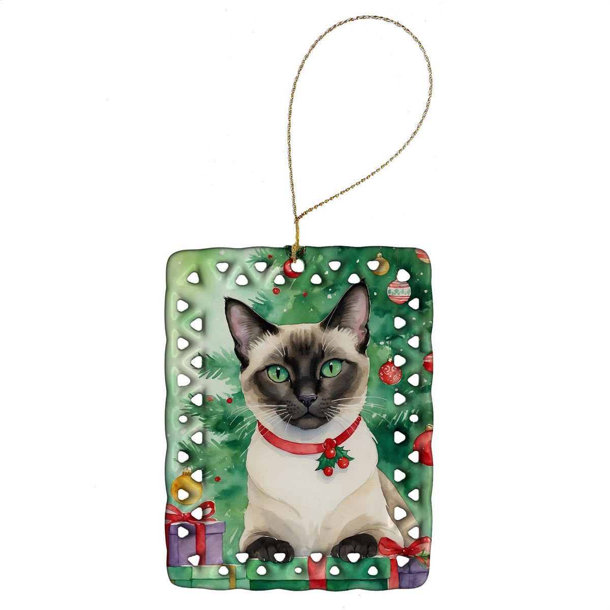 Siamese Cat By The Christmas Tree Porcelain Ornament Christmas Tree Hanging Decorations For Home Christmas Holiday, Rectangle, Gift, Multicolor_maomaolike.com