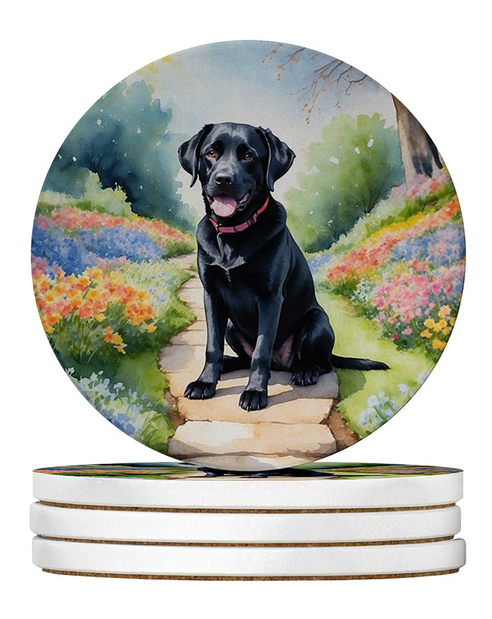 Labrador Retriever Spring Path Large Sandstone Coasters Pack Of 4 Absorbent Round Coasters Decor Gifts For Men Or Women, 4 In, Multicolor_maomaolike.com