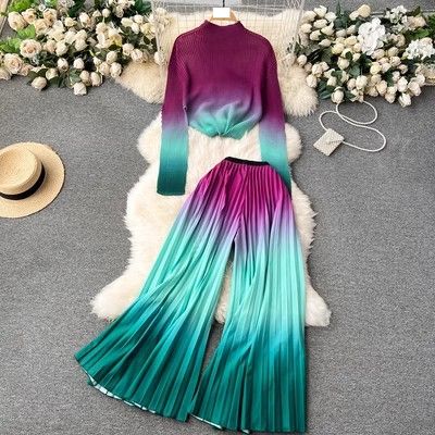 Women's Clothing Royal sister light luxury high end long sleeved pleated printed tops women's casual two piece set loose drape pleated wide leg pants_maomaolike.com