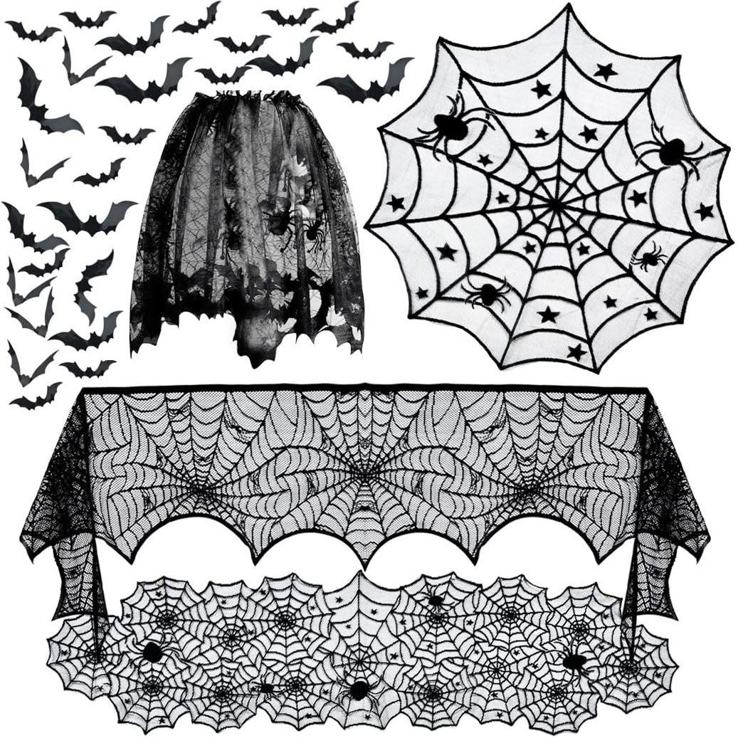 32 PCS Horrible Decoration Set, Lace Tablecloth, Spider Web Pentagram Round Table Mat, Black Spider Web Fireplace Cloth, Suitable For Horror Themed Party Decoration_maomaolike.com