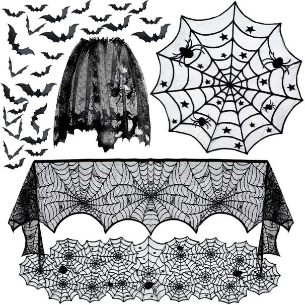 32 PCS Horrible Decoration Set, Lace Tablecloth, Spider Web Pentagram Round Table Mat, Black Spider Web Fireplace Cloth, Suitable For Horror Themed Party Decoration_maomaolike.com
