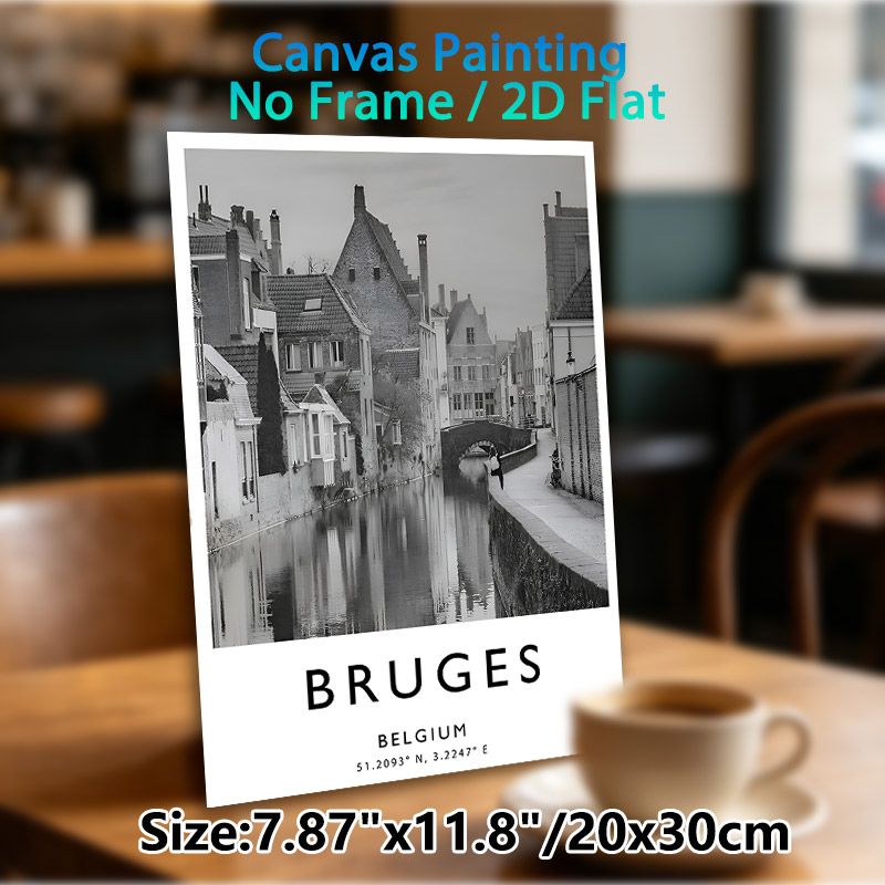 Bruges Belgium Canal Painting Poster, Monochrome Vintage European Waterscape Poster, Tranquil Riverside Town Decor Ideal For Living Room, Bedroom And_maomaolike.com