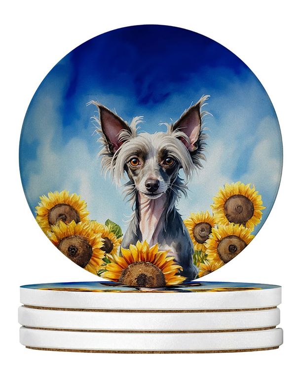 Chinese Crested In Sunflowers Large Sandstone Coasters Pack Of 4 Absorbent Round Coasters Decor Gifts For Men Or Women, 4 In, Multicolor_maomaolike.com
