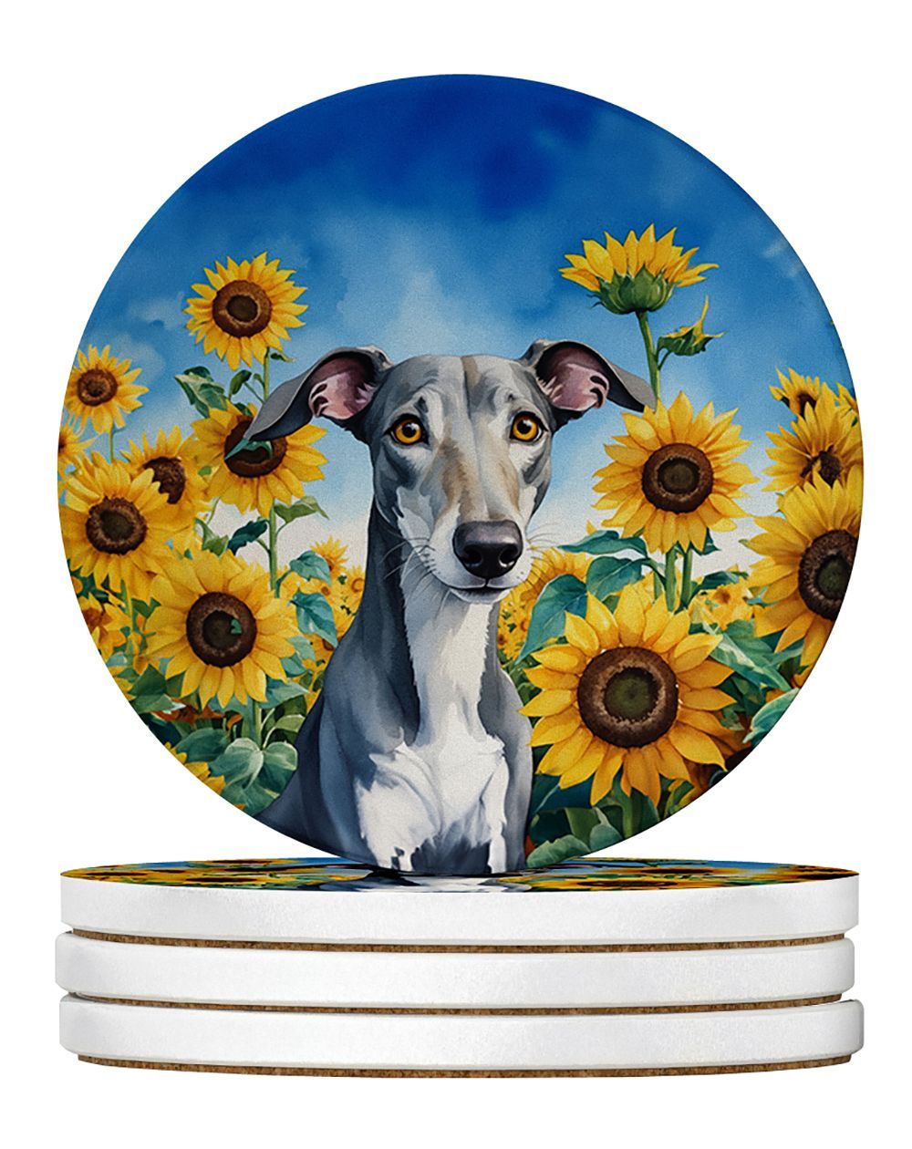 Greyhound In Sunflowers Large Sandstone Coasters Pack Of 4 Absorbent Round Coasters Decor Gifts For Men Or Women, 4 In, Multicolor_maomaolike.com
