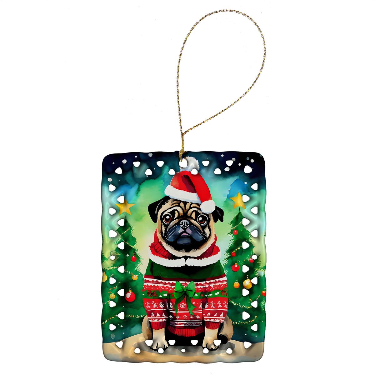 Pug Christmas Porcelain Ornament Christmas Tree Hanging Decorations For Home Christmas Holiday, Rectangle, Gift, Multicolor_maomaolike.com