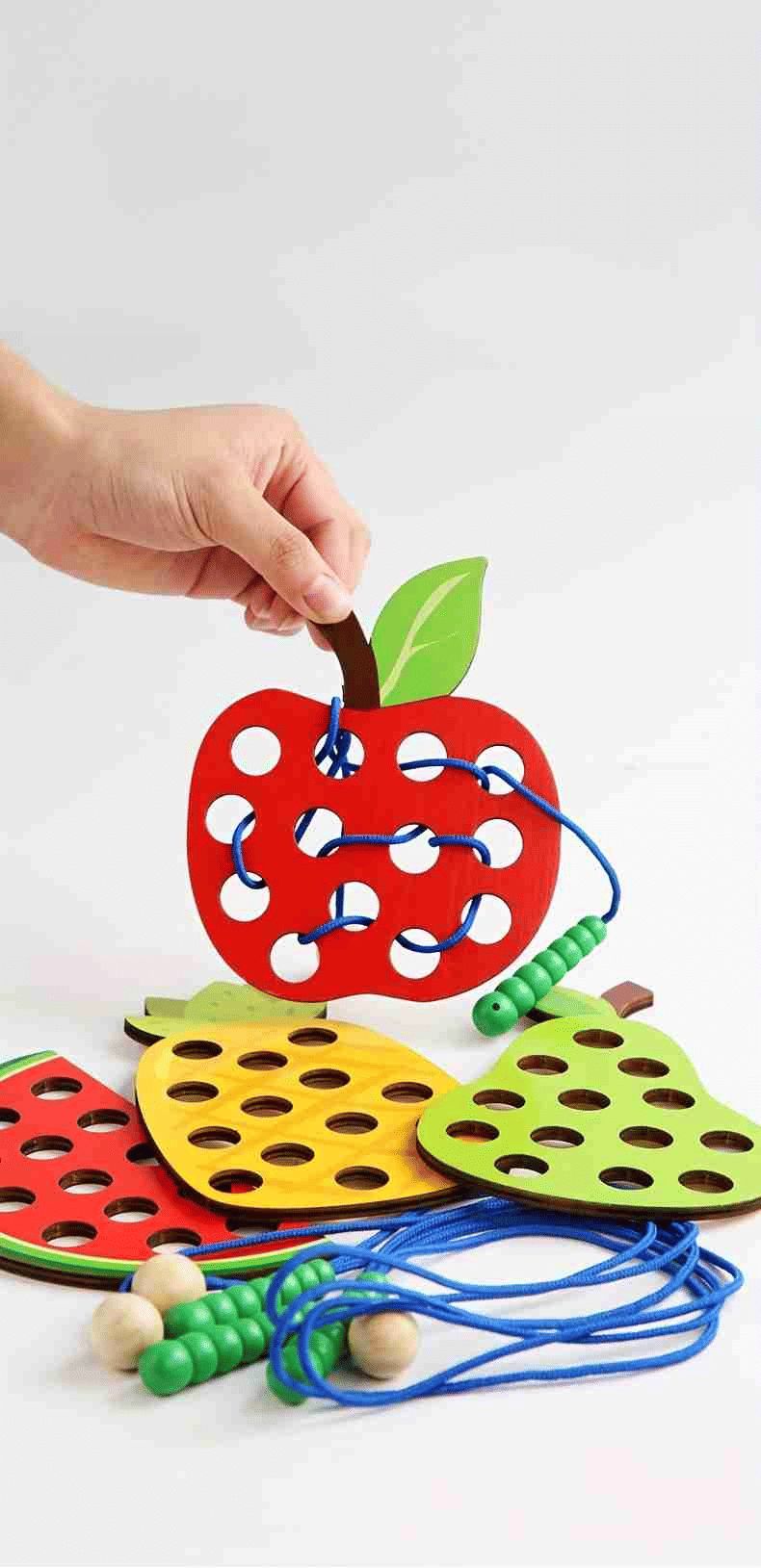 Wooden Lacing Toy,Educational Threading Activity Puzzles,Learning Fine Motor Skill Travel Toy,Wooden Fruit Threading Set For Toddlers Kids_maomaolike.com