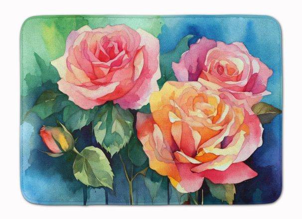 New York Roses In Watercolor Memory Foam Kitchen Mat Machine Washable Anti-Fatigue Mat Cushion Comfort Bath Mat Or Kitchen Rug_maomaolike.com