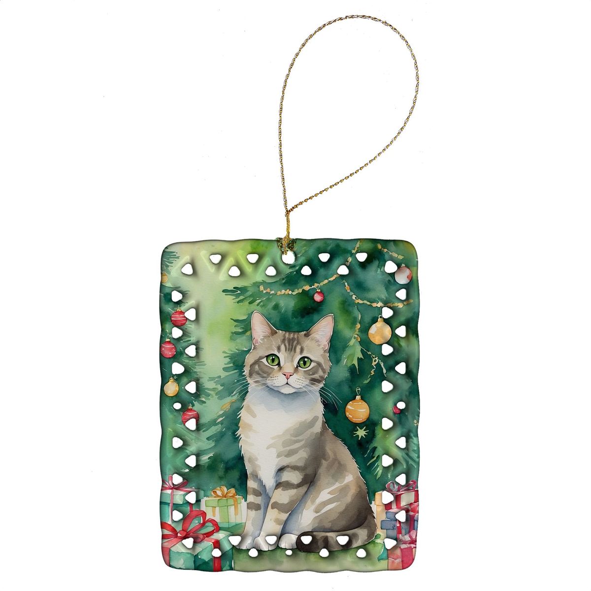 Pudelkatze Cat By The Christmas Tree Porcelain Ornament Christmas Tree Hanging Decorations For Home Christmas Holiday, Rectangle, Gift, Multicolor_maomaolike.com
