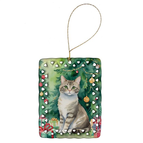 Pudelkatze Cat By The Christmas Tree Porcelain Ornament Christmas Tree Hanging Decorations For Home Christmas Holiday, Rectangle, Gift, Multicolor_maomaolike.com