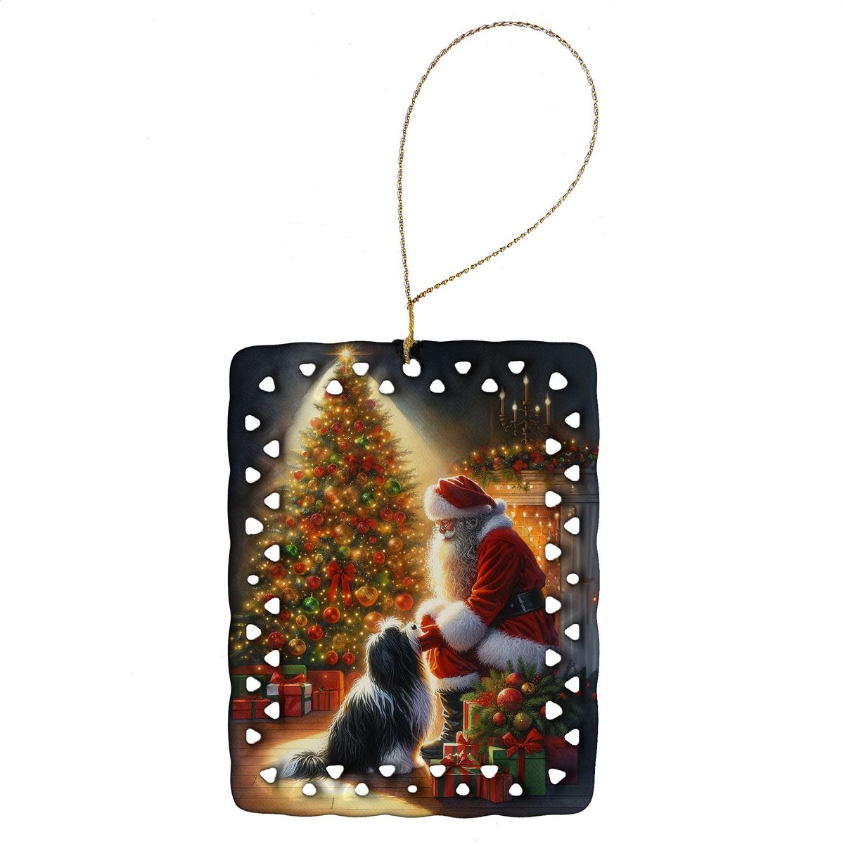 Tibetan Terrier And Santa Claus Porcelain Ornament Christmas Tree Hanging Decorations For Home Christmas Holiday, Rectangle, Gift, Multicolor_maomaolike.com