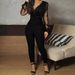 Women's Clothing new solid color V neck mesh slim long sleeved jumpsuit trousers large stock_maomaolike.com