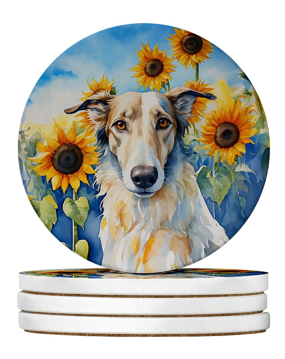 Borzoi In Sunflowers Large Sandstone Coasters Pack Of 4 Absorbent Round Coasters Decor Gifts For Men Or Women, 4 In, Multicolor_maomaolike.com