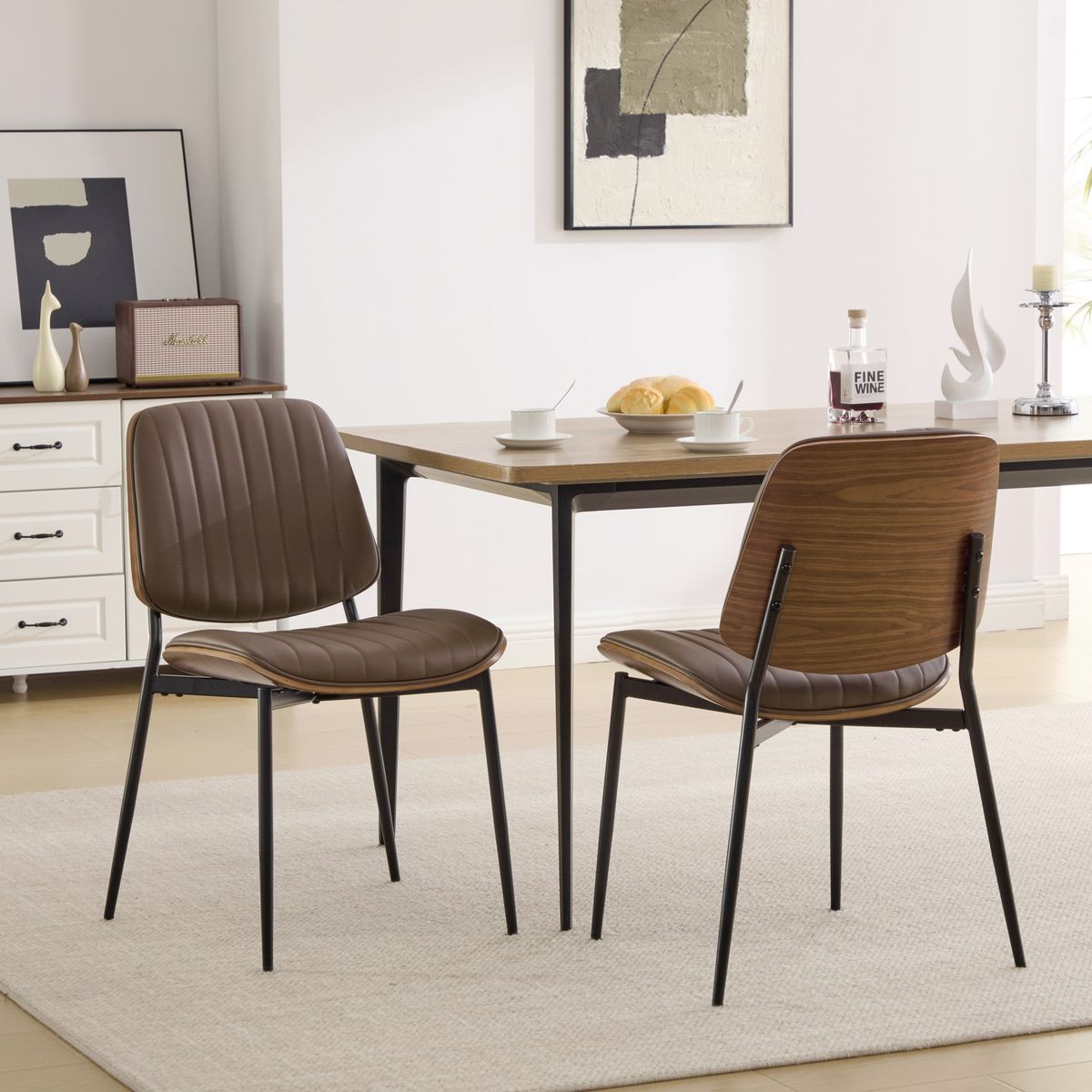 Dining Chairs Set Of 2 Mid Century Modern Retro Leather Chair With Walnut Bentwood Back Upholstered Seat Metal Legs Adjustable Foot For Kitchen Dining Room Chairs Brown PU,SW1849BR_maomaolike.com