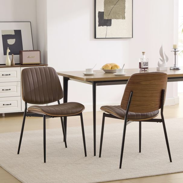 Dining Chairs Set Of 2 Mid Century Modern Retro Leather Chair With Walnut Bentwood Back Upholstered Seat Metal Legs Adjustable Foot For Kitchen Dining Room Chairs Brown PU,SW1849BR_maomaolike.com