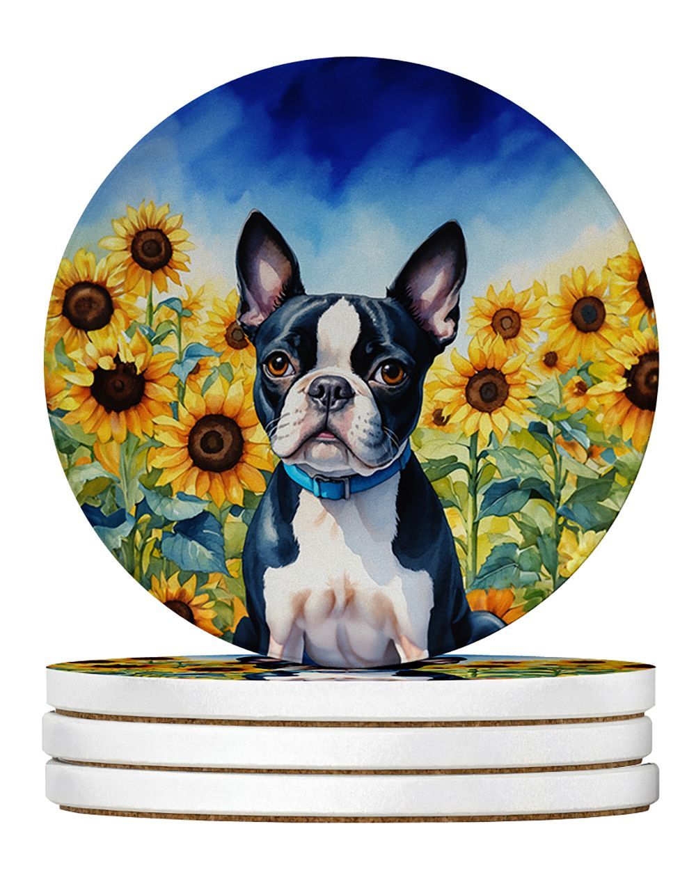 Boston Terrier In Sunflowers Large Sandstone Coasters Pack Of 4 Absorbent Round Coasters Decor Gifts For Men Or Women, 4 In, Multicolor_maomaolike.com